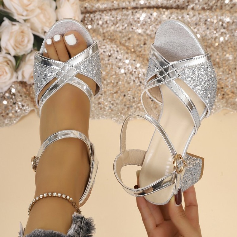 Sandal Strappy Heeled - Vrouwen Blokhakken Sandalen Goud Sparkly Cross
