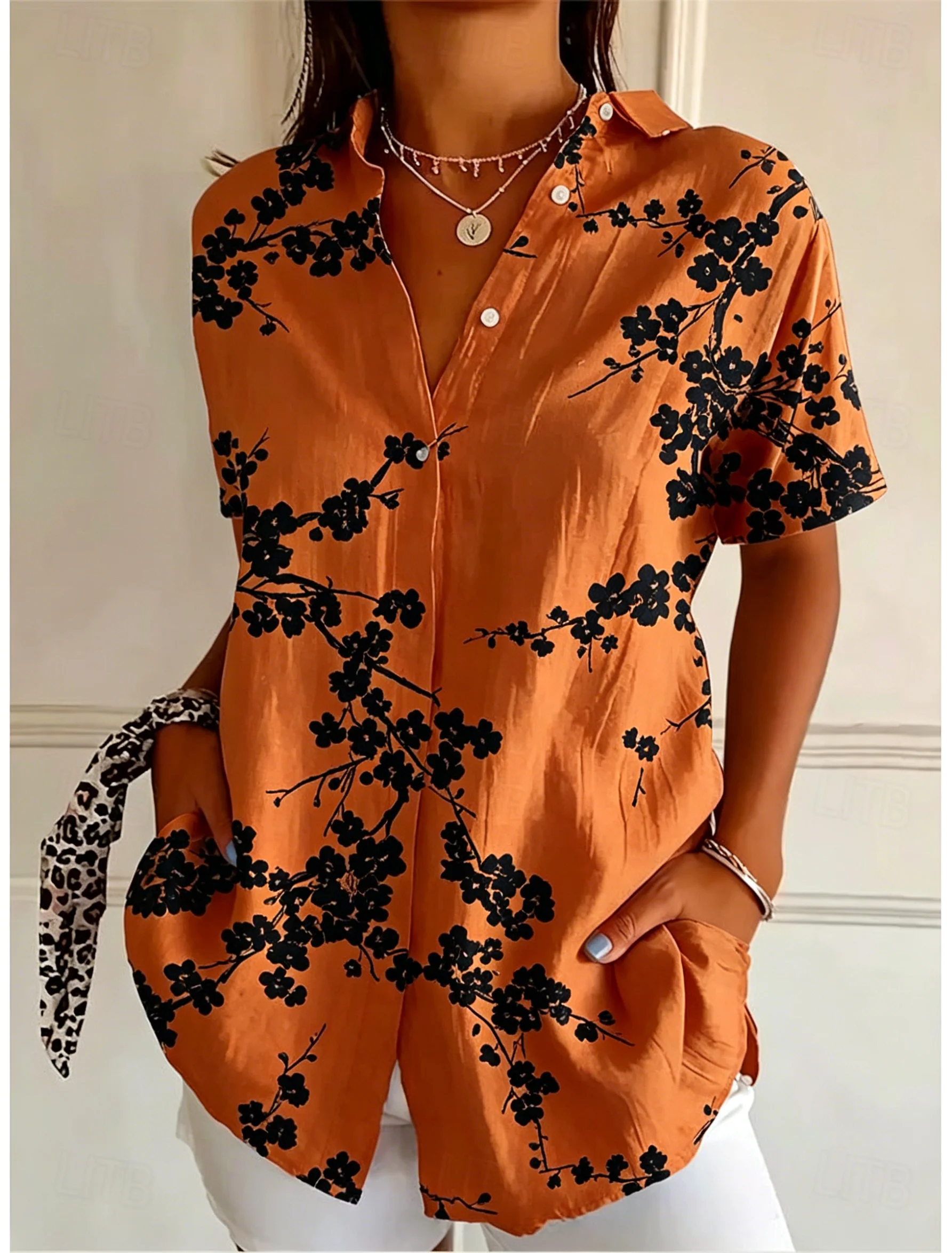 Romper Floral Print - Dames overhemd met korte mouwen, bloemenprint,